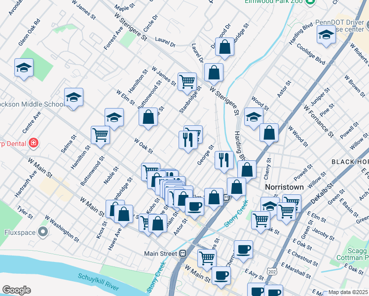 map of restaurants, bars, coffee shops, grocery stores, and more near 756 Haws Avenue in Norristown