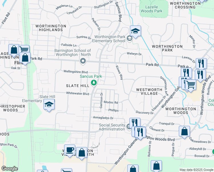 map of restaurants, bars, coffee shops, grocery stores, and more near 7742 Garrison Drive in Columbus