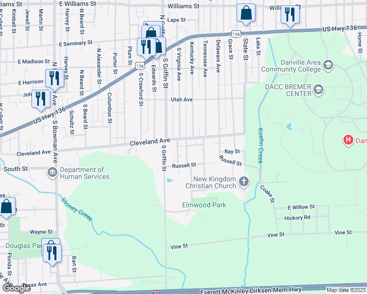 map of restaurants, bars, coffee shops, grocery stores, and more near 101-299 Elmwood Avenue in Danville