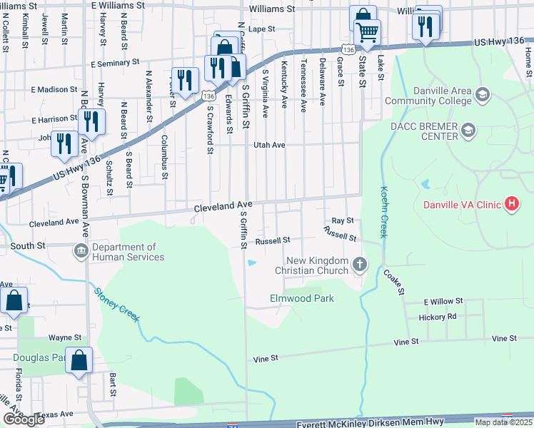 map of restaurants, bars, coffee shops, grocery stores, and more near 104 Elmwood Avenue in Danville