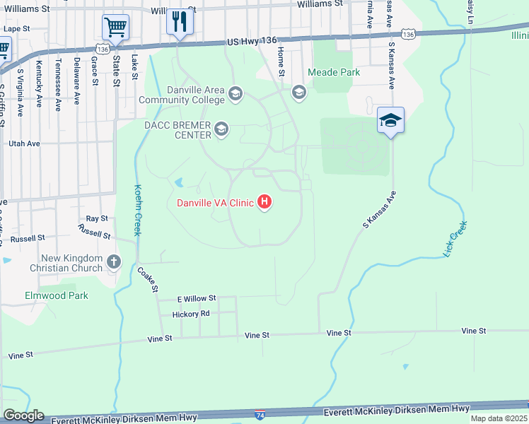 map of restaurants, bars, coffee shops, grocery stores, and more near 1900 East Main Street in Danville