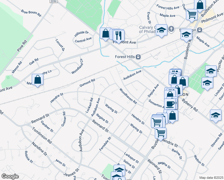 map of restaurants, bars, coffee shops, grocery stores, and more near 410 Woodhaven Place in Philadelphia