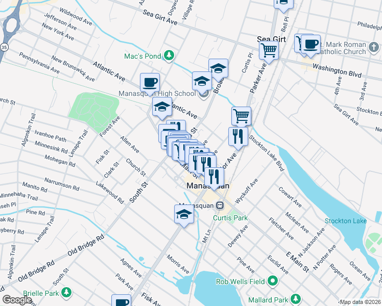 map of restaurants, bars, coffee shops, grocery stores, and more near 126 Main Street in Manasquan