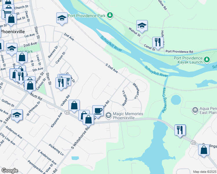 map of restaurants, bars, coffee shops, grocery stores, and more near 125 Rossiter Avenue in Phoenixville