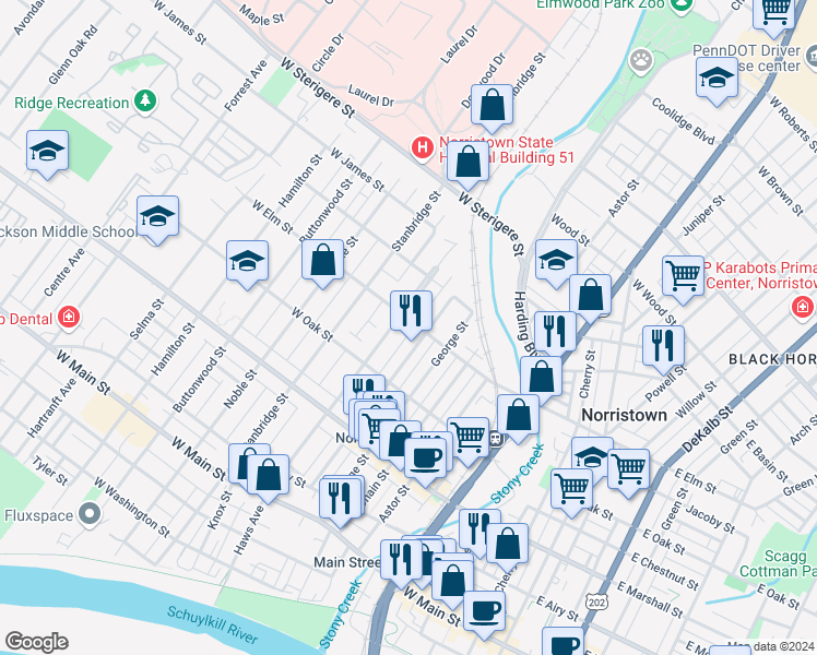 map of restaurants, bars, coffee shops, grocery stores, and more near 710 West Elm Street in Norristown