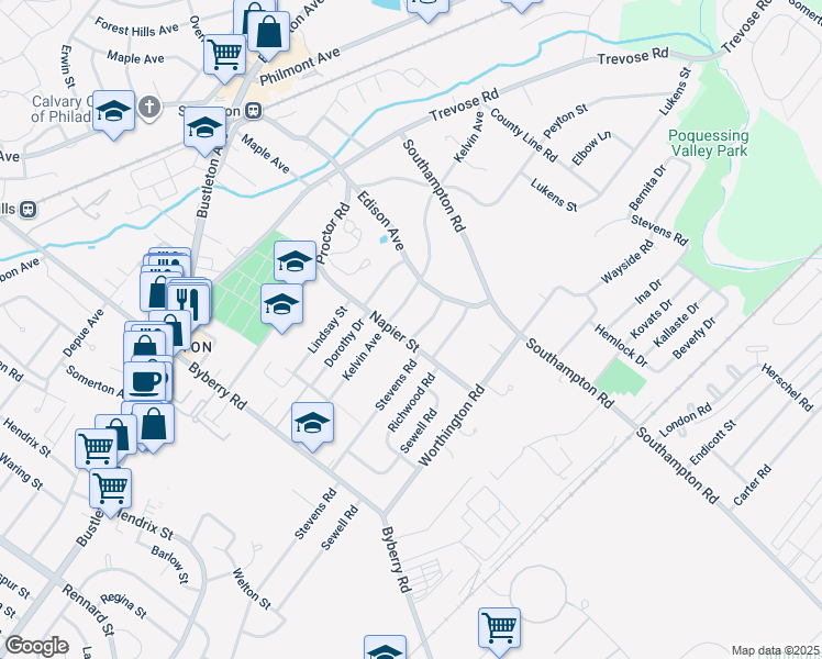 map of restaurants, bars, coffee shops, grocery stores, and more near 13410 Priestly Street in Philadelphia