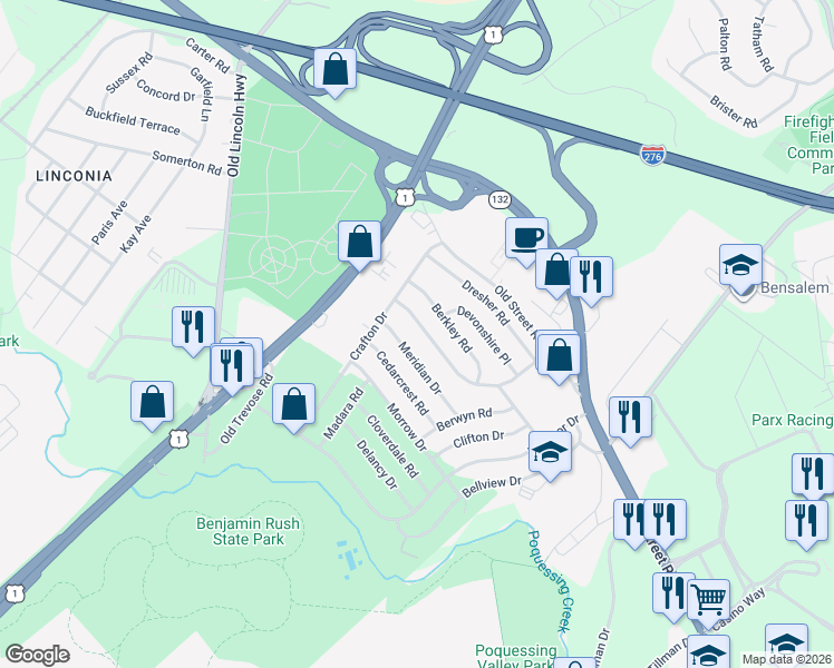 map of restaurants, bars, coffee shops, grocery stores, and more near 3716 Kingston Way in Bensalem