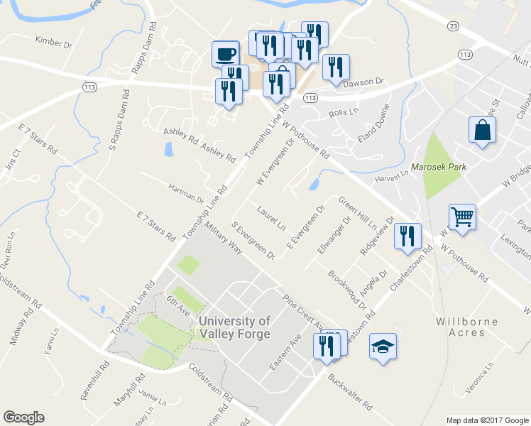 map of restaurants, bars, coffee shops, grocery stores, and more near 1227 Laurel Lane in Phoenixville
