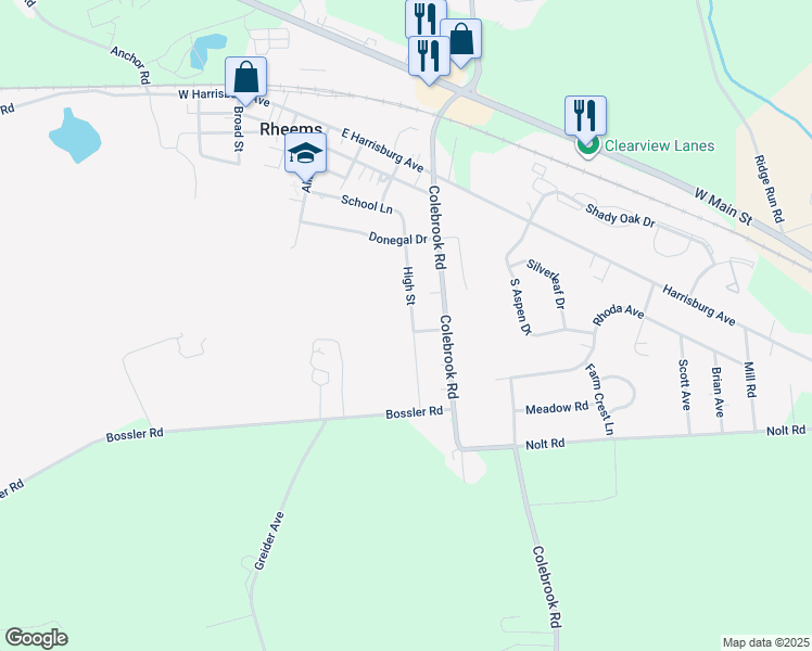 map of restaurants, bars, coffee shops, grocery stores, and more near 2240 High Street in Elizabethtown