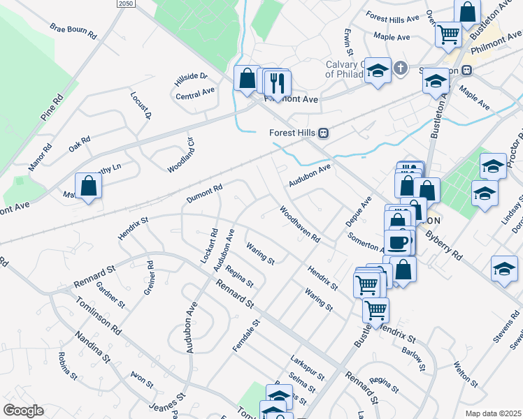 map of restaurants, bars, coffee shops, grocery stores, and more near 410 Woodhaven Place in Philadelphia