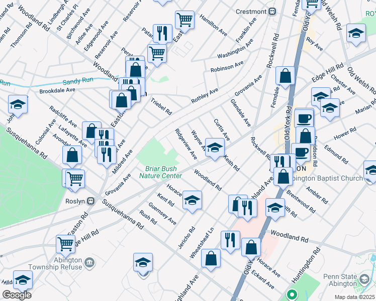 map of restaurants, bars, coffee shops, grocery stores, and more near 2126 Ridgeview Avenue in Abington