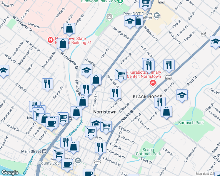 map of restaurants, bars, coffee shops, grocery stores, and more near 1224 Pine Street in Norristown