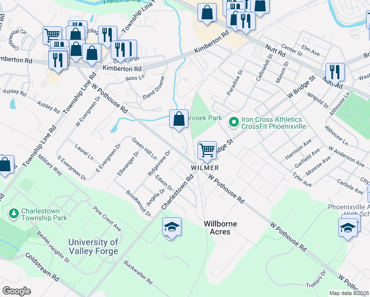 map of restaurants, bars, coffee shops, grocery stores, and more near 1203 Charlestown Road in Phoenixville