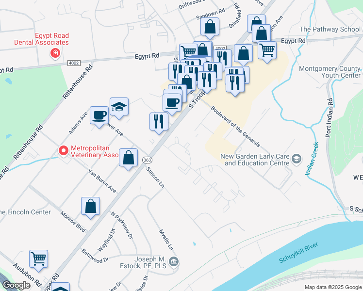 map of restaurants, bars, coffee shops, grocery stores, and more near 183 William Penn Drive in Norristown