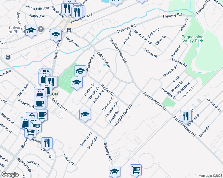 map of restaurants, bars, coffee shops, grocery stores, and more near 13410 Priestly Street in Philadelphia
