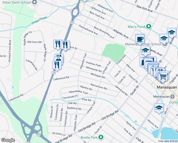 map of restaurants, bars, coffee shops, grocery stores, and more near 1120 Lakewood Road in Manasquan