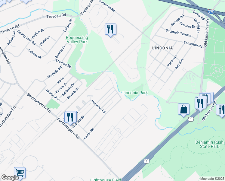 map of restaurants, bars, coffee shops, grocery stores, and more near 15165 Endicott Street in Philadelphia