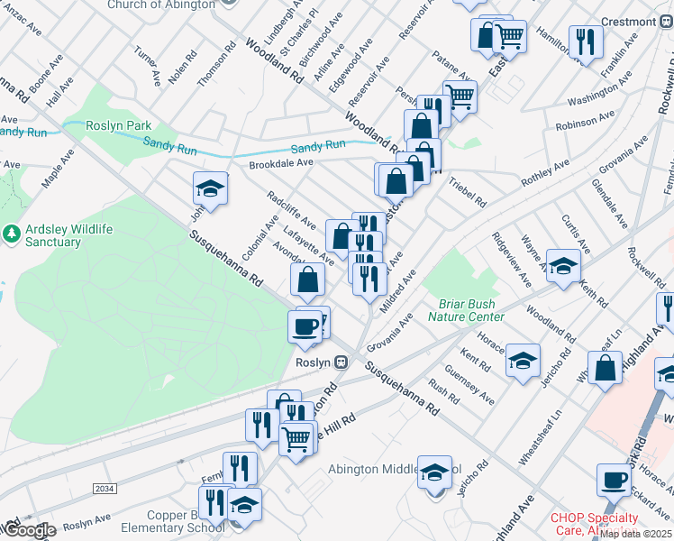 map of restaurants, bars, coffee shops, grocery stores, and more near 1128 Bradfield Road in Abington
