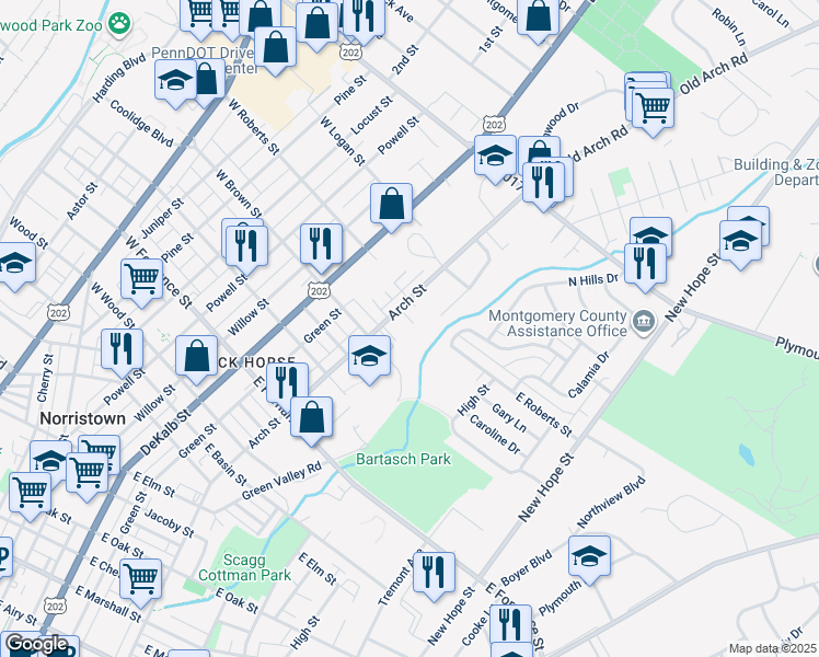 map of restaurants, bars, coffee shops, grocery stores, and more near 23 Sawmill Run in Norristown