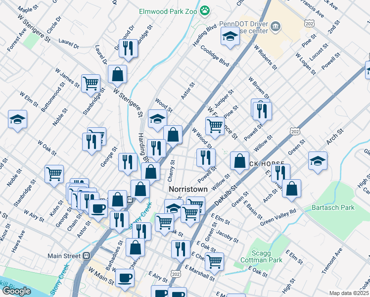 map of restaurants, bars, coffee shops, grocery stores, and more near 1125 Swede Street in Norristown