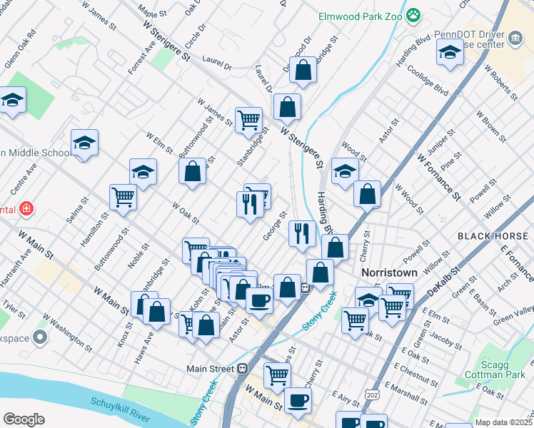 map of restaurants, bars, coffee shops, grocery stores, and more near 758 Hartranft Alley in Norristown