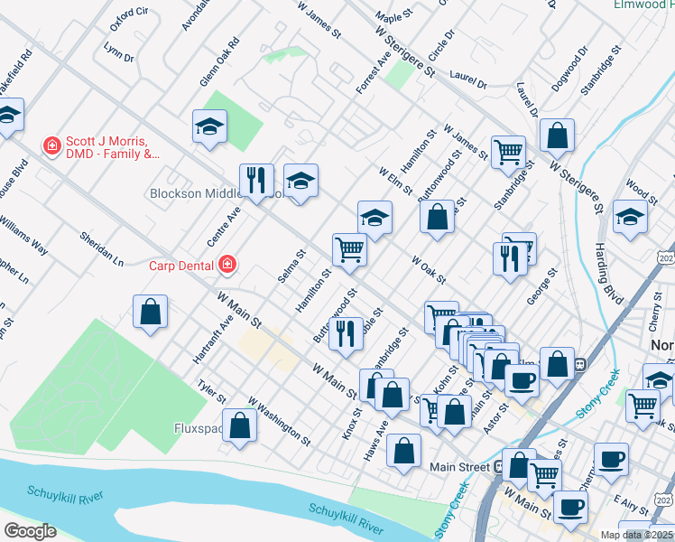 map of restaurants, bars, coffee shops, grocery stores, and more near 538 Hamilton Street in Norristown