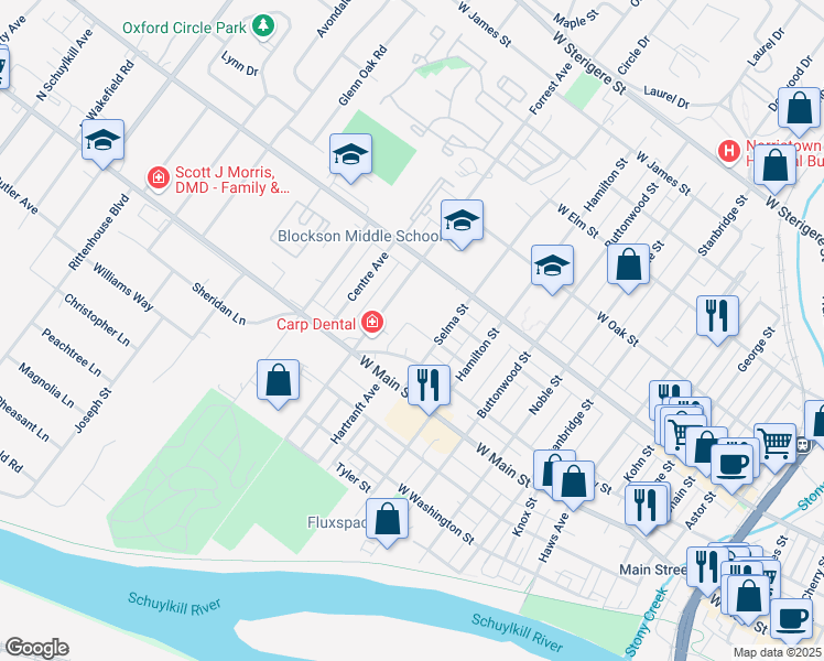 map of restaurants, bars, coffee shops, grocery stores, and more near 1305 West Airy Street in Norristown