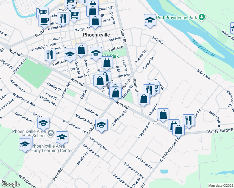 map of restaurants, bars, coffee shops, grocery stores, and more near 79 Nutt Road in Phoenixville