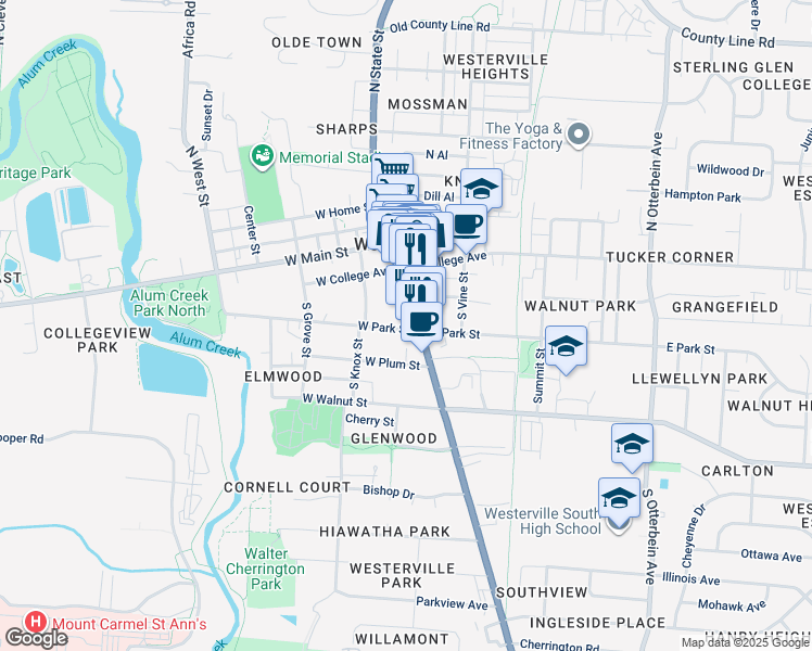 map of restaurants, bars, coffee shops, grocery stores, and more near 31 West Park Street in Westerville