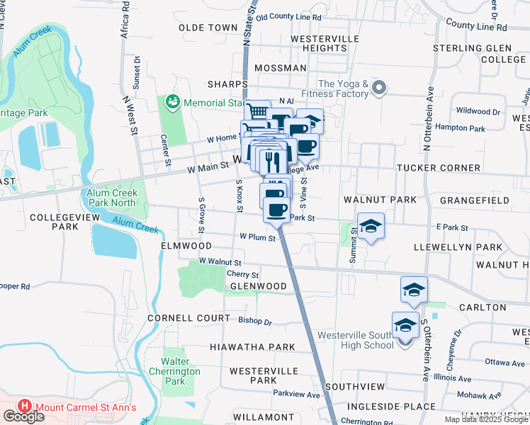 map of restaurants, bars, coffee shops, grocery stores, and more near 31 West Park Street in Westerville