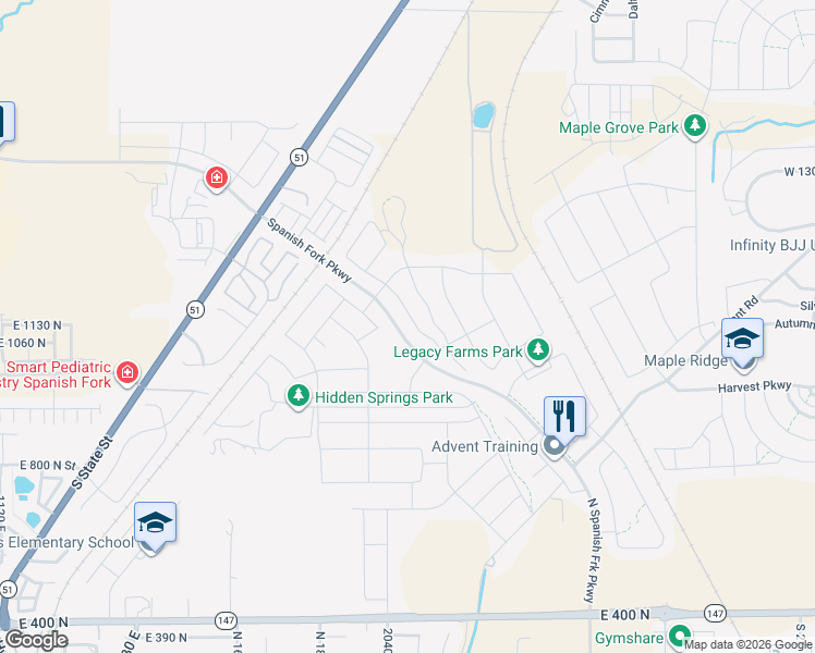 map of restaurants, bars, coffee shops, grocery stores, and more near 1131 North Wagon Way in Spanish Fork