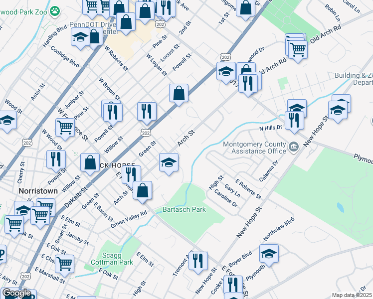 map of restaurants, bars, coffee shops, grocery stores, and more near 23 Sawmill Run in Norristown