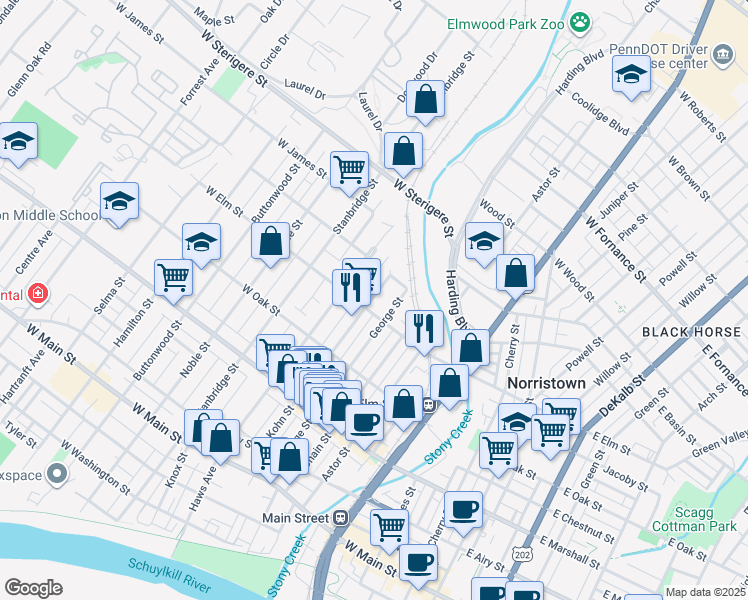 map of restaurants, bars, coffee shops, grocery stores, and more near 758 Hartranft Alley in Norristown