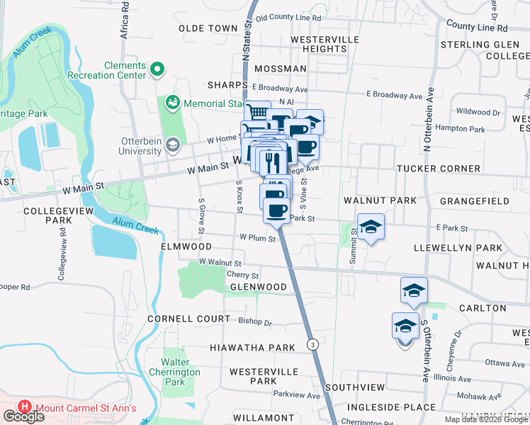 map of restaurants, bars, coffee shops, grocery stores, and more near 31 West Park Street in Westerville