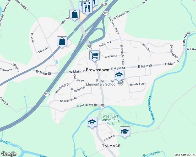 map of restaurants, bars, coffee shops, grocery stores, and more near 101 South State Street in Ephrata