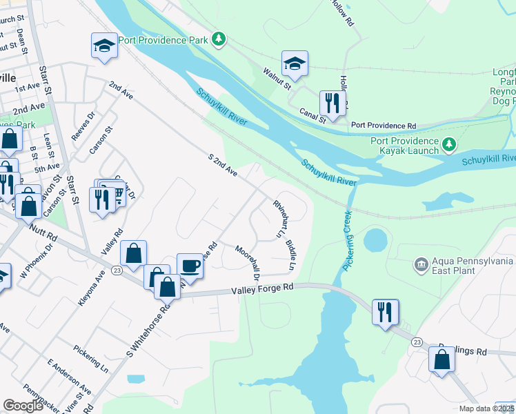 map of restaurants, bars, coffee shops, grocery stores, and more near 349 Wetherill Lane in Phoenixville