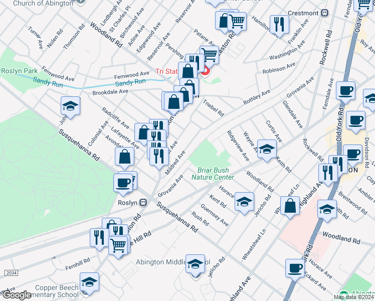 map of restaurants, bars, coffee shops, grocery stores, and more near 1225 Mildred Avenue in Abington