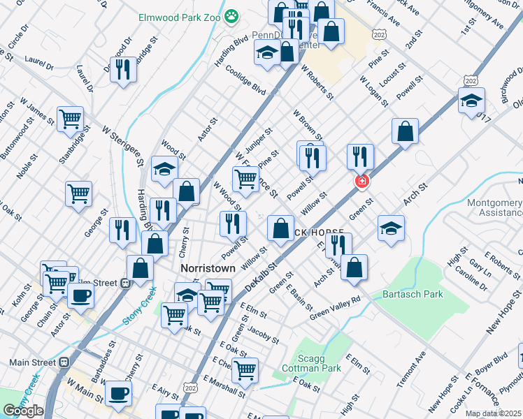 map of restaurants, bars, coffee shops, grocery stores, and more near 1331 Powell Street in Norristown