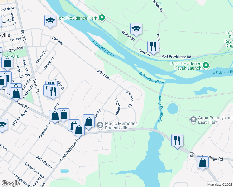 map of restaurants, bars, coffee shops, grocery stores, and more near 308 Wetherill Lane in Phoenixville