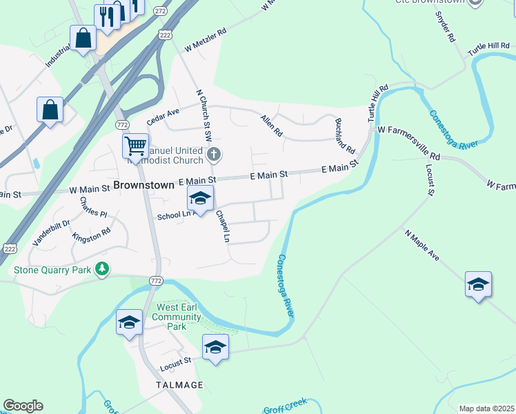 map of restaurants, bars, coffee shops, grocery stores, and more near 141 Spring Meadow Lane in Ephrata