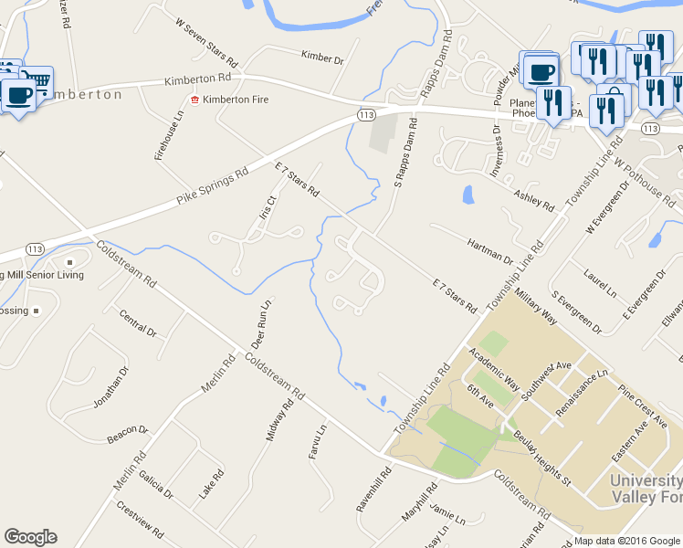 map of restaurants, bars, coffee shops, grocery stores, and more near 2816 Juniper Lane in Phoenixville