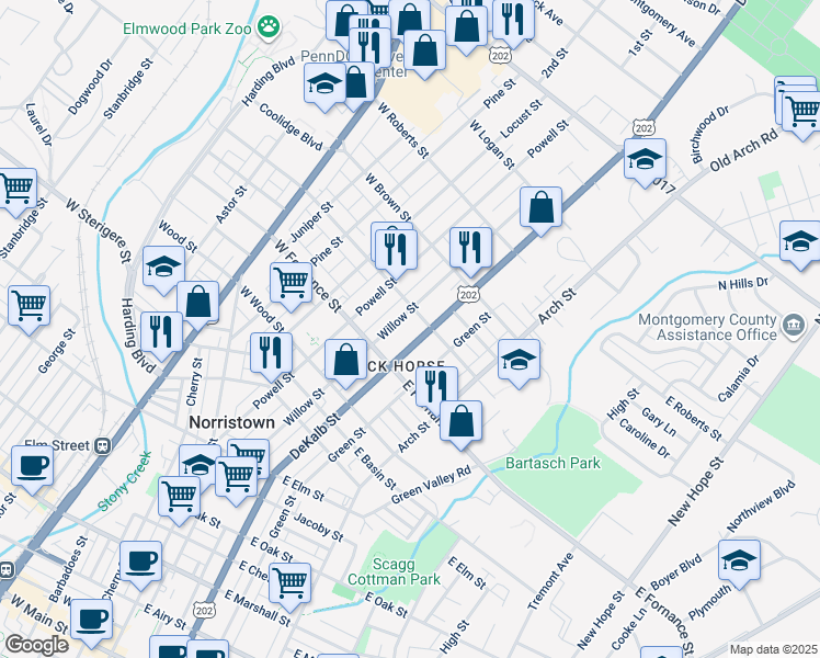 map of restaurants, bars, coffee shops, grocery stores, and more near 28 East Freedley Street in Norristown