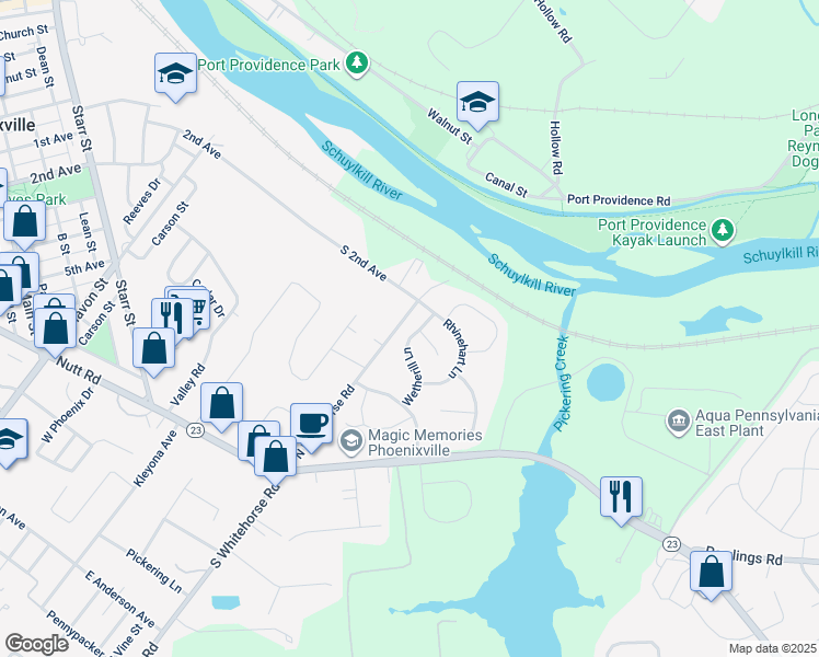 map of restaurants, bars, coffee shops, grocery stores, and more near 308 Wetherill Lane in Phoenixville