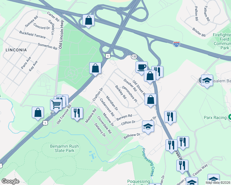 map of restaurants, bars, coffee shops, grocery stores, and more near 3822 Berkley Road in Bensalem