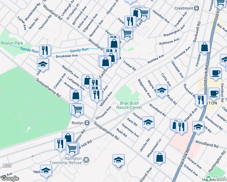 map of restaurants, bars, coffee shops, grocery stores, and more near 1225 Mildred Avenue in Abington