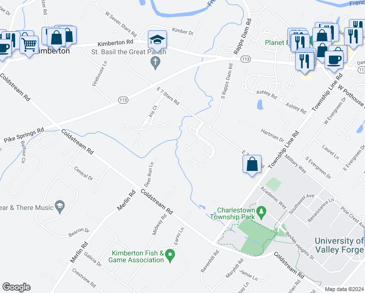 map of restaurants, bars, coffee shops, grocery stores, and more near 3024 Juniper Lane in Phoenixville
