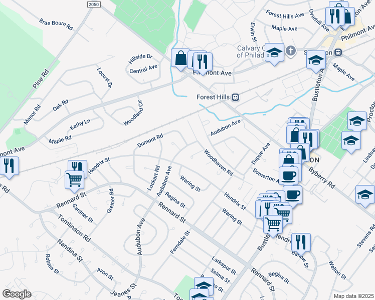 map of restaurants, bars, coffee shops, grocery stores, and more near 11993 Audubon Avenue in Philadelphia