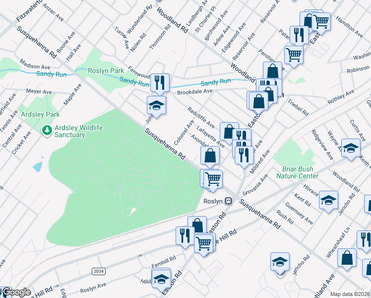 map of restaurants, bars, coffee shops, grocery stores, and more near 1125 Colonial Avenue in Abington