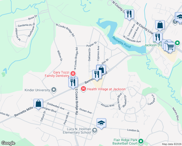 map of restaurants, bars, coffee shops, grocery stores, and more near 4 Oakland Drive in Jackson Township