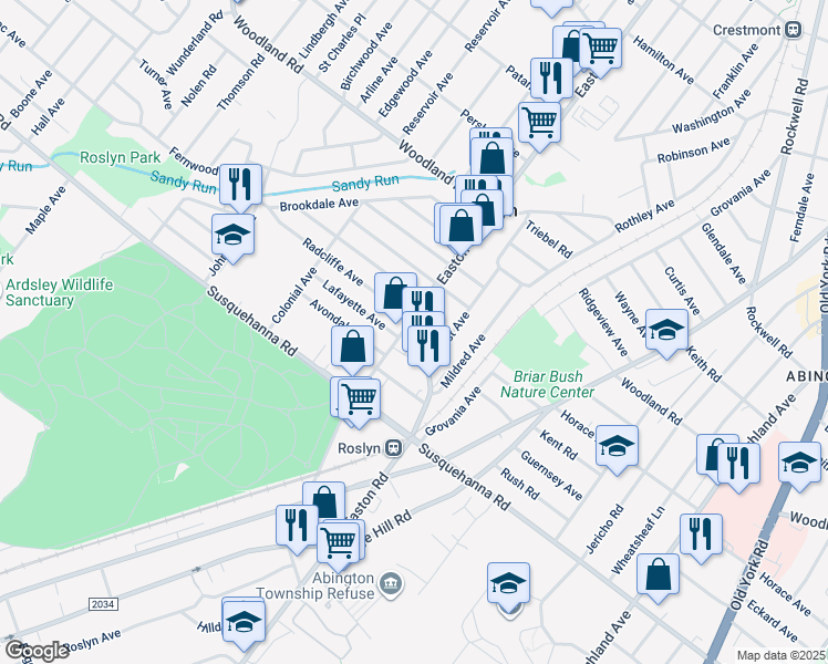 map of restaurants, bars, coffee shops, grocery stores, and more near 1200 Easton Road in Abington
